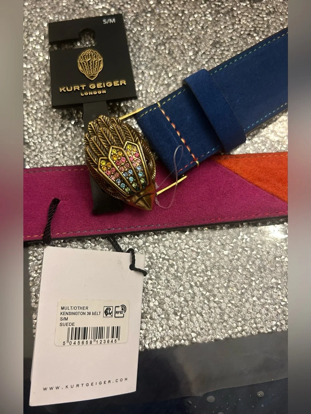 KURT GEIGER London Kensington Eagle Buckle Suede Multicolor Belt Size S/M - NEW